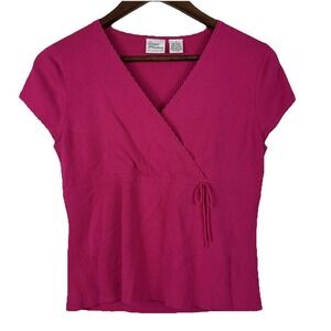 VTG Y2K Babydoll Tee Top Womens Small Pink Wrap V-neck Tie Romanic Short Sleeve